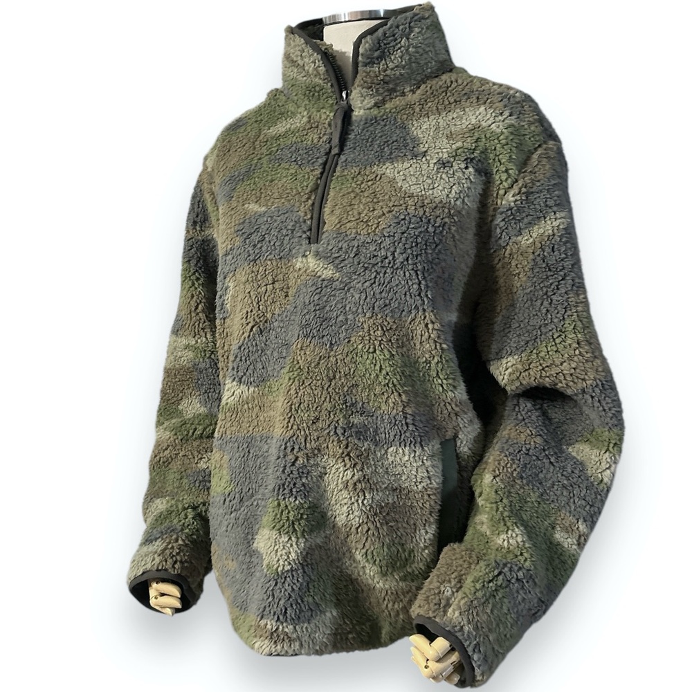 THREAD & SUPPLY Green, Grey, & Tan Camo Sherpa Teddy Quarter Zip Pullover